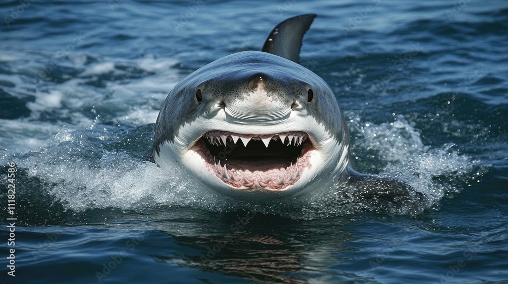 Naklejka premium Great White Shark Surfacing Ocean Predator