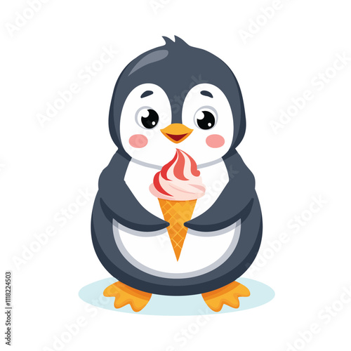 Cute penguin holding ice cream vector illustration in cartoon style. For prints and design