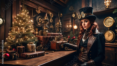 Obraz na płótnie Steampunk New Year and Christmas. Victorian style decorations and dressed people. w salonie