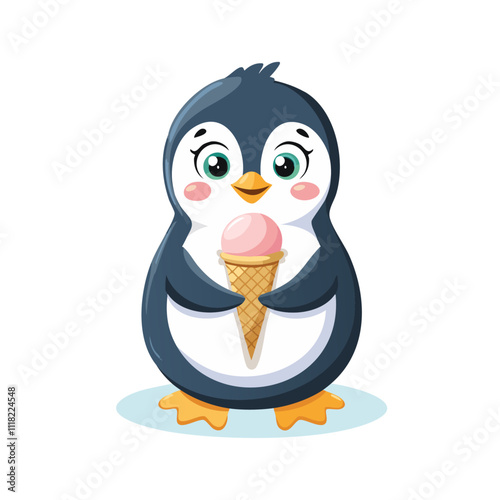 Cute penguin holding ice cream vector illustration in cartoon style. For prints and design