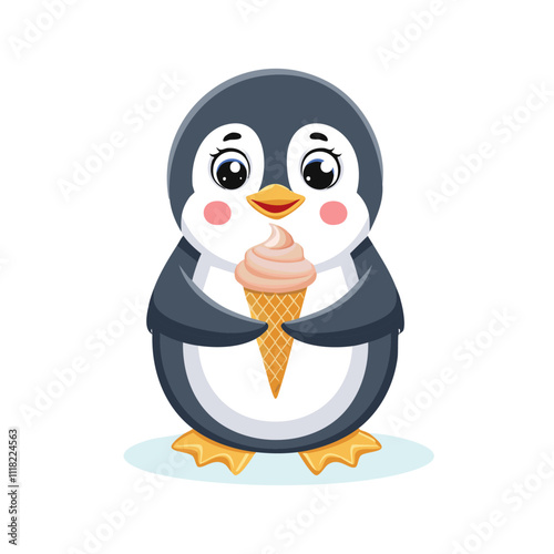 Cute penguin holding ice cream vector illustration in cartoon style. For prints and design