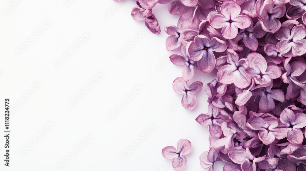 Obraz premium Delicate purple lilac flowers scattered on a white background, creating a serene and elegant botanical composition.