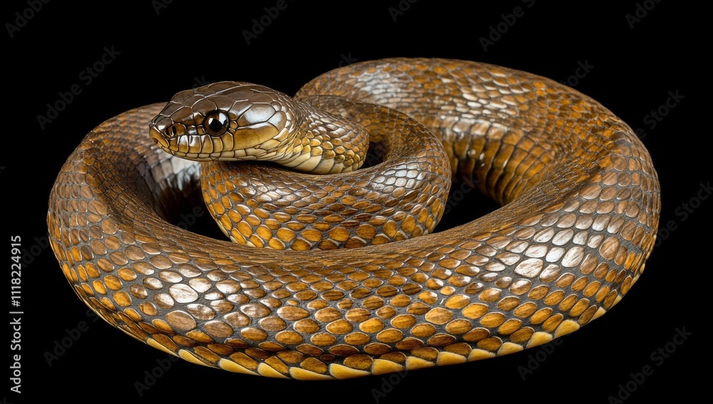On a black background, a sleek black snake slithers, the sharp lighting enhancing its smooth scales and piercing gaze. Isolated on a dark backdrop. Generated by AI. On a black background, a sleek black snake slithers, the sharp lighting enhancing its smooth scales and piercing gaze. Isolated on a dark backdrop. Generated by AI.