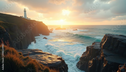 Lighthouse by Rocky Coast During Sunset Over Ocean Waves