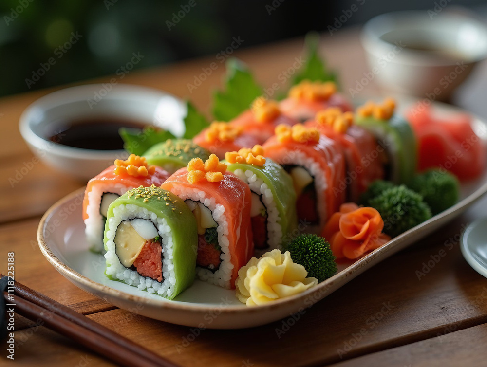 Close-up of Colorful Sushi Rolls with Salmon, Avocado, and Decorative Garnishes on a Wooden Table Close-up of Colorful Sushi Rolls with Salmon, Avocado, and Decorative Garnishes on a Wooden Table