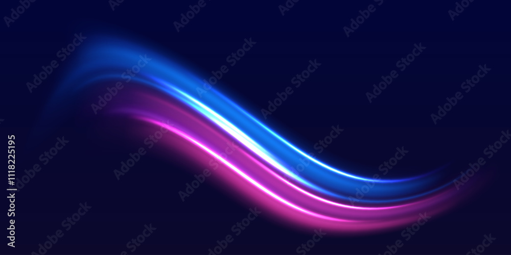 Speed police line. Laser beams, horizontal light rays. Magic shining neon light line trails. Purple glowing wave swirl. High speed effect motion blur night lights. Vector illustration EPS10 Speed police line. Laser beams, horizontal light rays. Magic shining neon light line trails. Purple glowing wave swirl. High speed effect motion blur night lights. Vector illustration EPS10