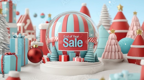 Festive end-of-year sale with colorful decorations, snow globe, and holiday cheer in a whimsical winter setting.