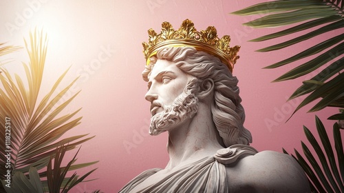 Ancient greek statue with golden crown amidst tropical palms photo