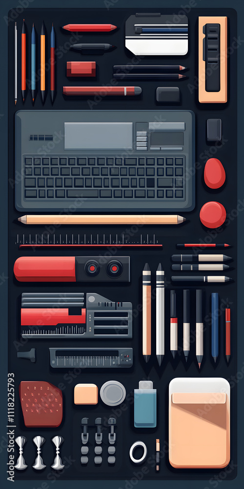 Writing and drawing tools arranged in organized pattern Writing and drawing tools arranged in organized pattern