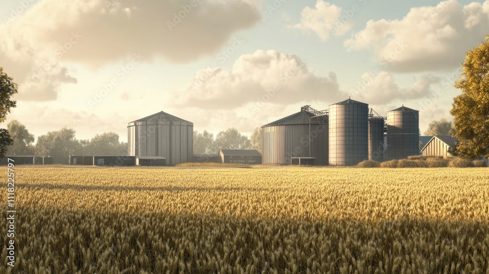 Wheat field in full harvest mode, with modern granary structures providing a contrast in the background Wheat field in full harvest mode, with modern granary structures providing a contrast in the background