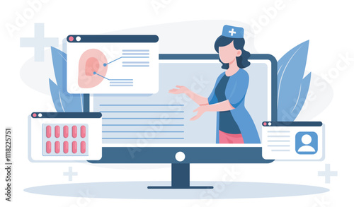 Otorhinolaryngologist doctor online. Woman in medical uniform near pills and ear structure. Healthcare and medicine. Hospital occupation. Flat vector illustration