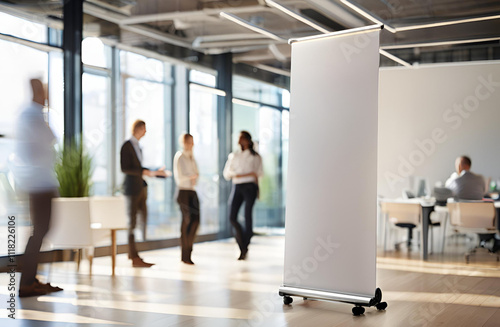 An empty roll-up display stands in a modern office with blurry people in the background, ready for advertising content