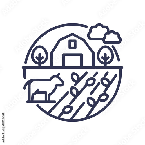 Illustration of a farm with barn, trees, cow, and crops, symbolizing holistic agriculture.