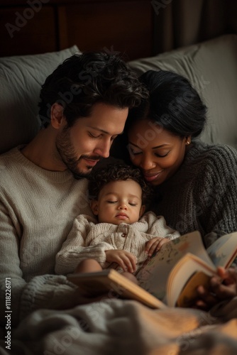 Interracial parents reading a bedtime story to their child on a cozy bed, child nestled between them,