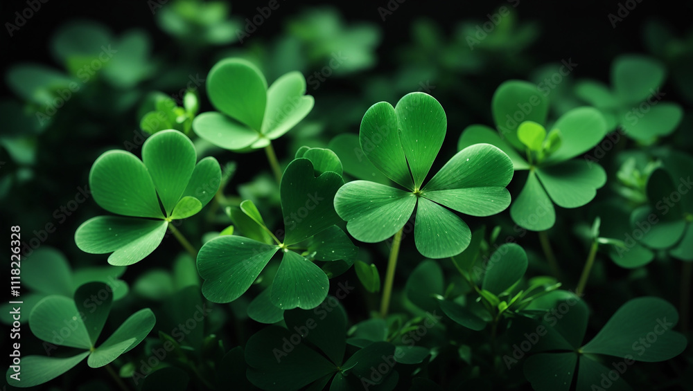 Several bright green clovers are clustered together.
Several bright green clovers are clustered together.