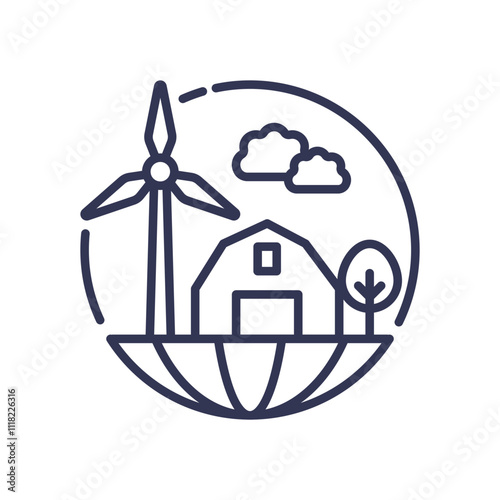 Wind turbine and house symbolize renewable energy integration in rural settings.
