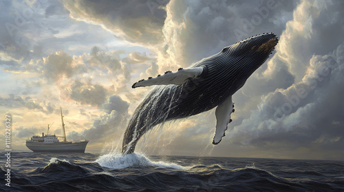 Humpback whale breaches in front of a ship under a cloudy sky during sunset