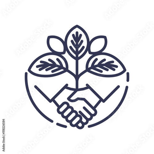 Two hands shaking with a plant growing, symbolizing community and cooperation.