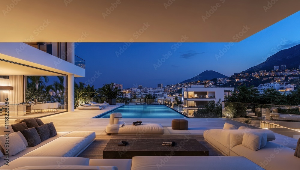 Fototapeta premium Luxury villa with infinity pool and city view at dusk.