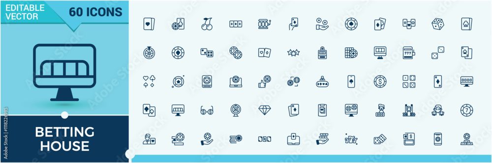 Betting House icon set. Contains related to machine, reel, diamond, glyph, cards, game, simple and more. Perfect for logos and infographics. Vector outline and solid icons collection. Betting House icon set. Contains related to machine, reel, diamond, glyph, cards, game, simple and more. Perfect for logos and infographics. Vector outline and solid icons collection.