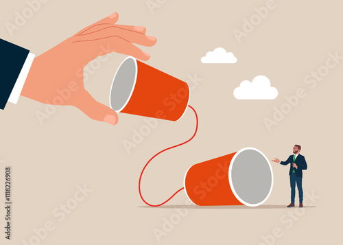 Businessman and giant hand communicating with paper cup telephone. Telling secrets through cups talk. Modern vector illustration in flat style.