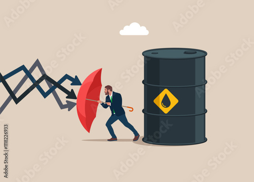 Businessman holding umbrella to cover and protect from downturn arrow. Protect the price of oil or commodities. Defensive stock in economy crisis or market crash. Vector illustration