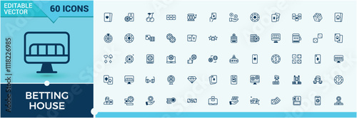 Betting House icon set. Contains related to machine, reel, diamond, glyph, cards, game, simple and more. Perfect for logos and infographics. Vector outline and solid icons collection.