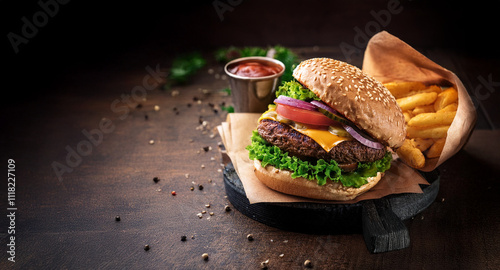 Delicioso hamburguer com fritas em cima de uma tábua de madeira com um molho especial ao fundo 