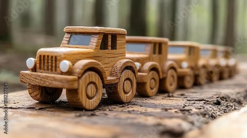 Wooden Toy Truck Convoy in Forest Setting