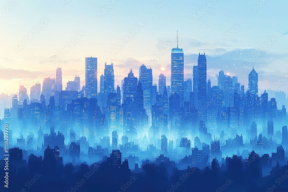 Misty urban skyline at dawn – serene cityscape with high-rise buildings in morning light Misty urban skyline at dawn – serene cityscape with high-rise buildings in morning light