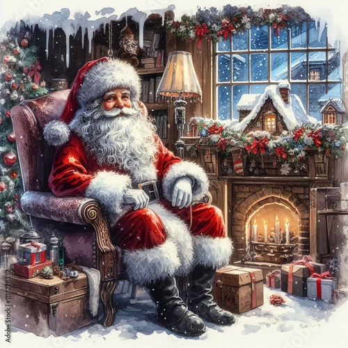 Santa Claus in his Chair - Saint Nicholas in his Christmas Home - Watercolor Winter and Christmas Setting - Greeting Card - Traditional Dickens Style Nostalgic Victorian Painted Illustration