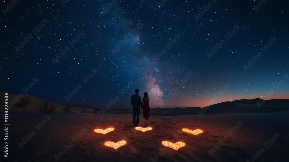 Desert Proposal Under Starry Skies with Heart Shaped Lights Desert Proposal Under Starry Skies with Heart Shaped Lights