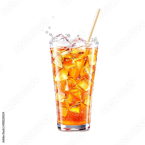 Refreshing iced tea, tall glass, ice cubes, splashing liquid, golden amber color, straw, condensation