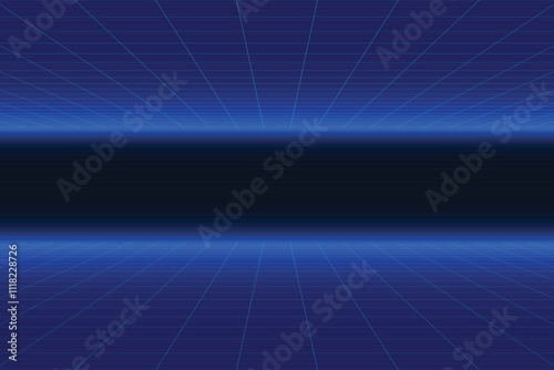 Glowing neon wireframe background. Blue shining checkered grid planes in perspective. Bright retro futuristic horizon wallpaper. Arcade game sci fi matrix surface. 