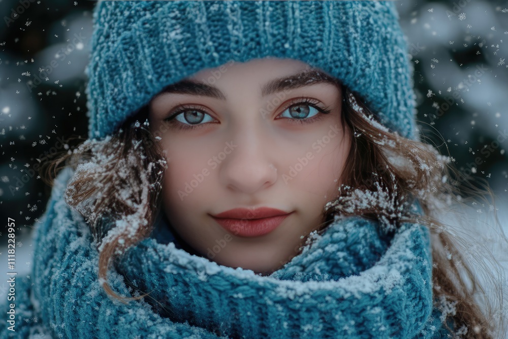 Close-Up Portrait of a Woman Wearing Blue Winter Hat and Scarf, Snowfall, Perfect Skin Texture Close-Up Portrait of a Woman Wearing Blue Winter Hat and Scarf, Snowfall, Perfect Skin Texture