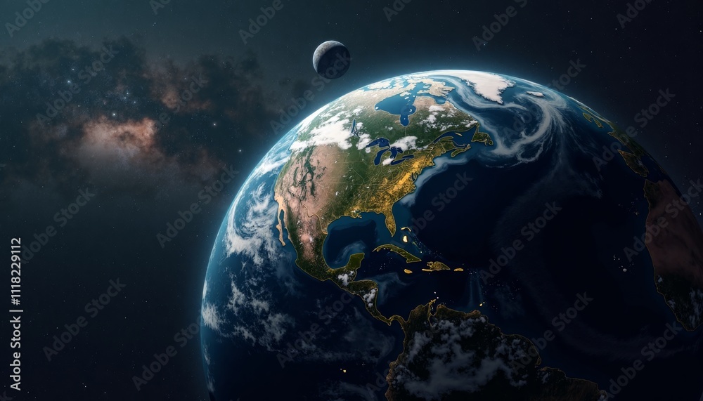 Stunning View of Earth from Space with Moon and Starry Background Stunning View of Earth from Space with Moon and Starry Background
