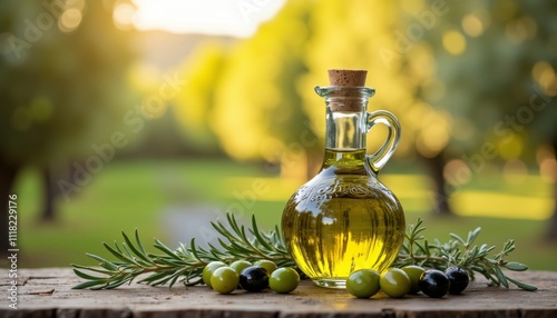 Olive oil in a glass bottle with olives on a wooden surface