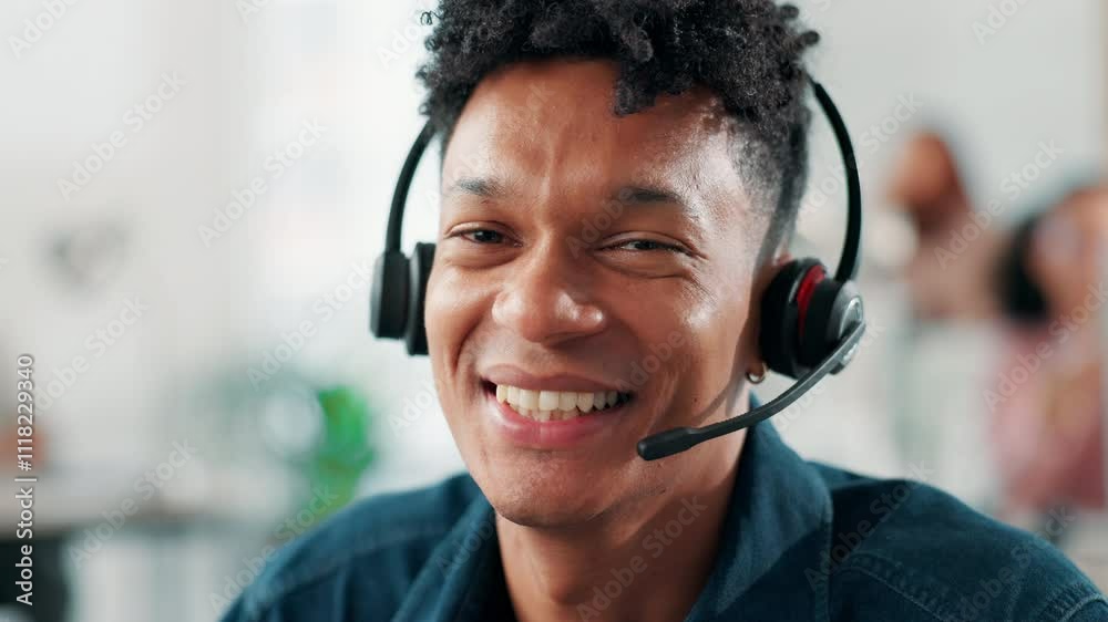 Call center, face or happy man laughing in customer support for communication or contact service. Help desk, virtual assistant with smile or headset for technical solution, system update or inbound Call center, face or happy man laughing in customer support for communication or contact service. Help desk, virtual assistant with smile or headset for technical solution, system update or inbound