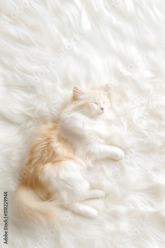 Adorable Fluffy Cat, sleeping and lying on a white fur blanket, with a soft, cozy, and warm feel for a winter background