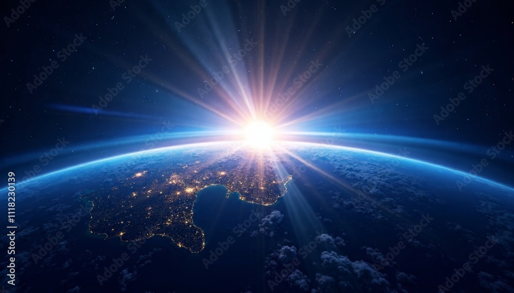 Obraz premium Stunning View of Earth from Space with Sun Rising Over Horizon