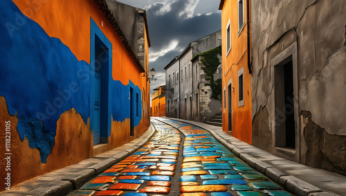 Vibrant Cobblestone Street in a Historic Town
