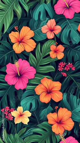 Vibrant Hibiscus Flowers and Lush Tropical Leaves