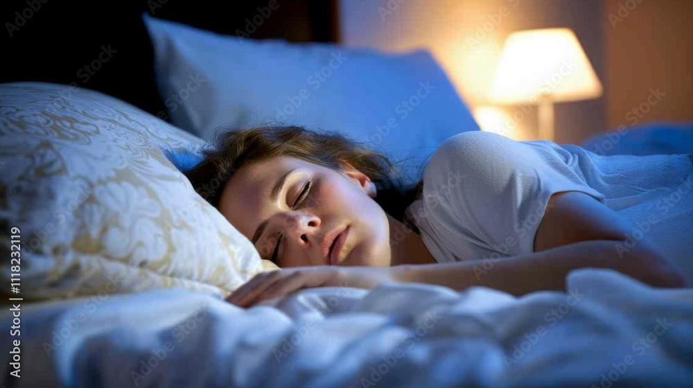 Person lying in bed with closed eyes showing signs of restlessness and discomfort, symbolizing sleep disorder and struggle to find rest in dimly lit room with soft glow from nightlight. Person lying in bed with closed eyes showing signs of restlessness and discomfort, symbolizing sleep disorder and struggle to find rest in dimly lit room with soft glow from nightlight.