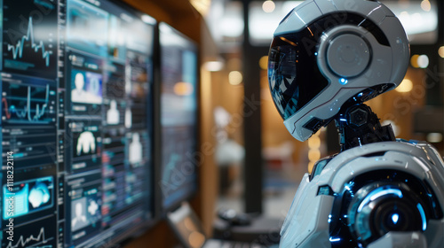 A humanoid robot observes multiple data screens in a modern technological environment during the evening hours