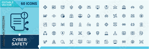 Cyber Safety icon pack. Contains such icons as secure payment, cyber attack, web, datum, security, editable stroke and more. Simple line vector. Vector line and solid icons.