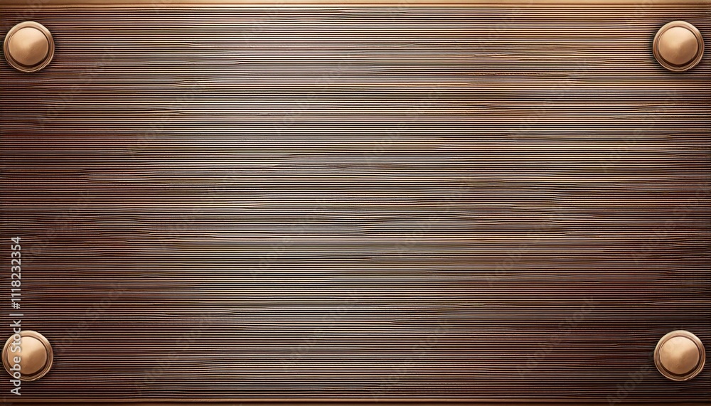 The warm glow of texture a brushed bronze panel, secured by four metallic rivets. The warm glow of texture a brushed bronze panel, secured by four metallic rivets.