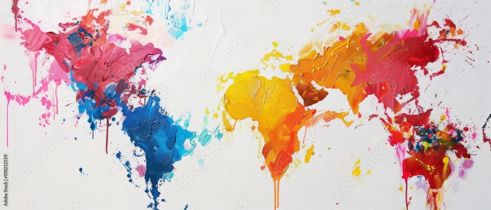 Obraz premium Vivid map of the world painted with abstract colorful splashes on a white canvas, symbolizing global unity and diversity.