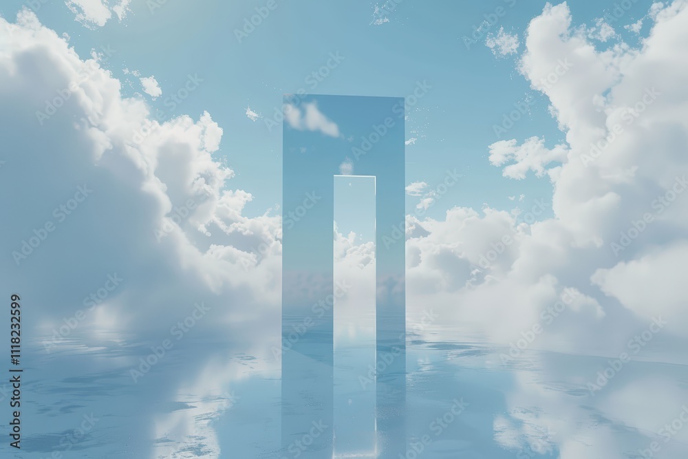 Reflective gateway against serene blue skies Reflective gateway against serene blue skies