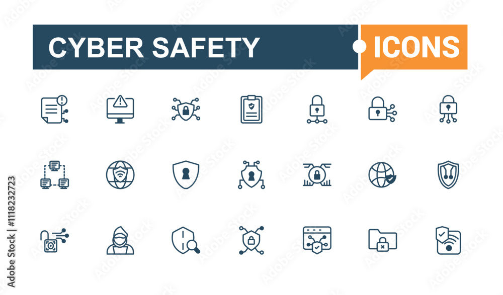 Cyber Safety icon set. Contains such icons as security, outline, internet, code, virus, line and more. Collection for mobile and web apps. Vector outline and solid icons collection. Cyber Safety icon set. Contains such icons as security, outline, internet, code, virus, line and more. Collection for mobile and web apps. Vector outline and solid icons collection.