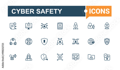 Cyber Safety icon set. Contains such icons as security, outline, internet, code, virus, line and more. Collection for mobile and web apps. Vector outline and solid icons collection.